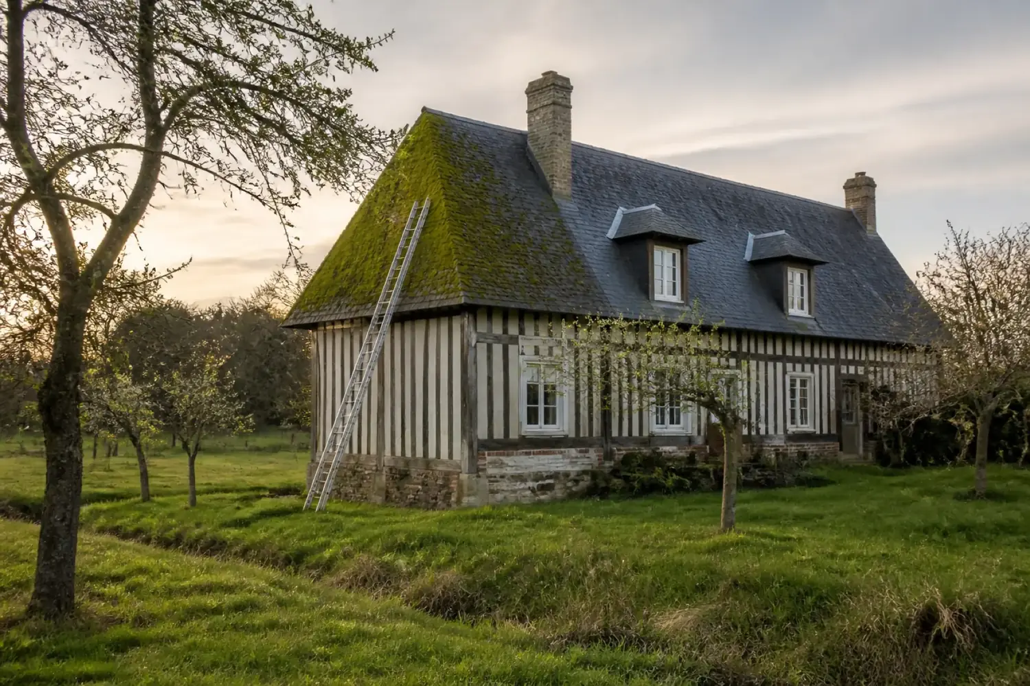 Longère normande à colombages sous une toiture d'ardoise gagnée par la mousse sur le versant nord, échelle de couvreur posée le long de la rive